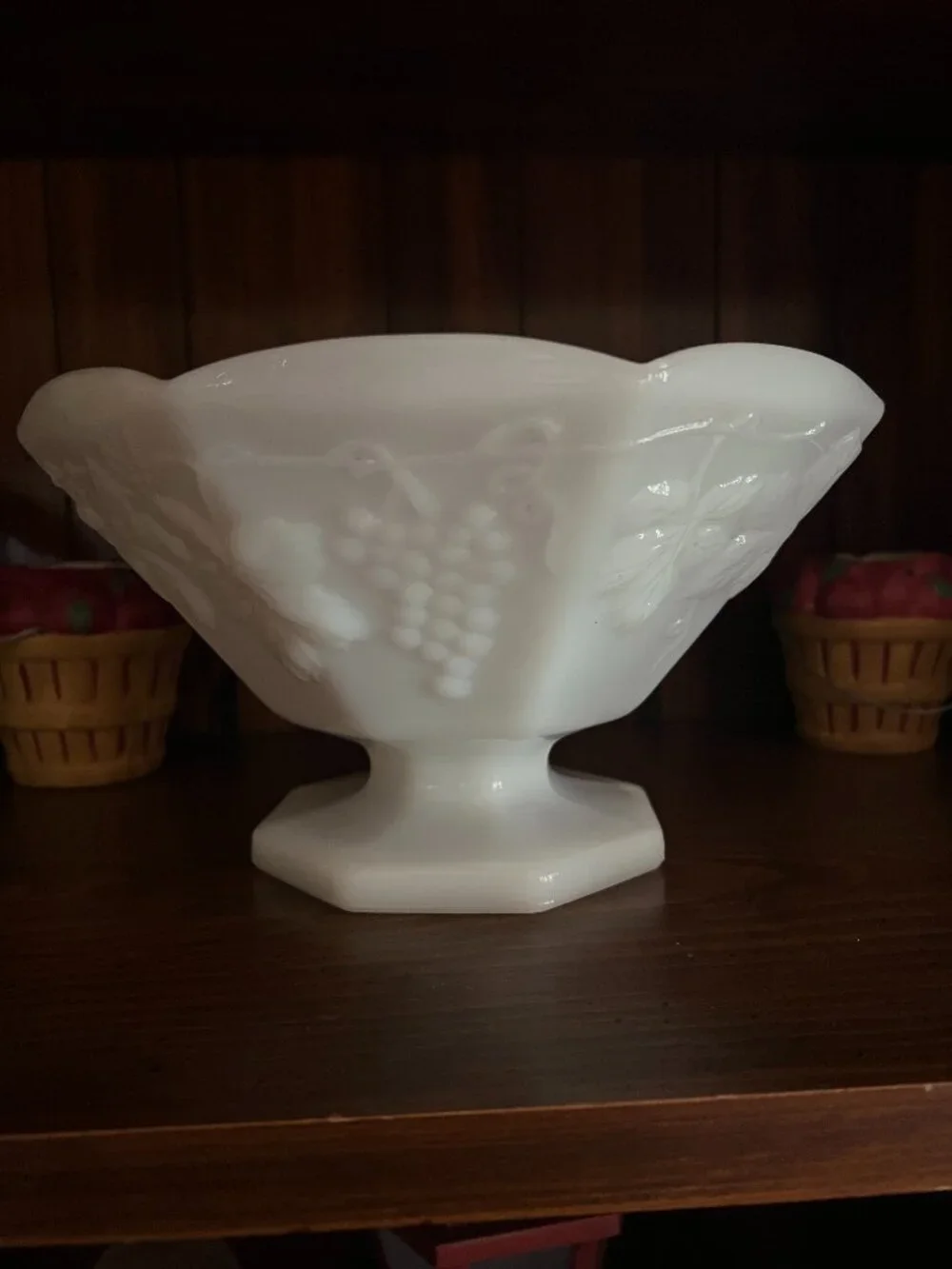 Vintage Anchor Hocking White Milk Glass Grape Vine Pedestal Compote Fruit Bowl